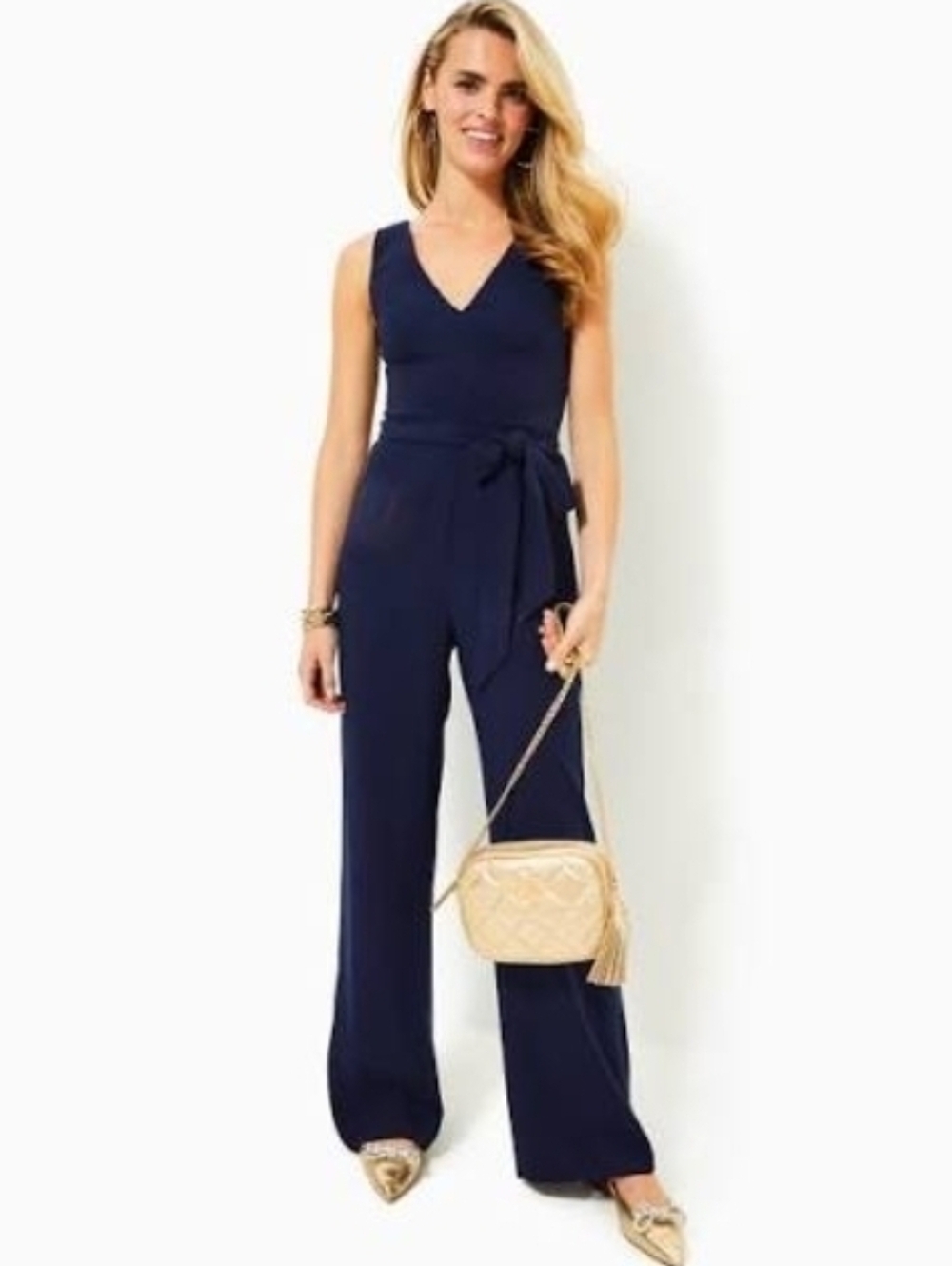 Lilly Pulitzer Navy V-Neck Sleeveless Jumpsuit with Tie Waist